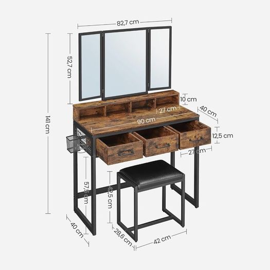 Industrial Dressing Table with Mirror and Stool, Vanity Table with Tri-Fold Mirror, 3 Drawers, Hair Dryer Holder, Makeup Desk