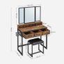 Industrial Dressing Table with Mirror and Stool, Vanity Table with Tri-Fold Mirror, 3 Drawers, Hair Dryer Holder, Makeup Desk Image 2