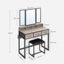 Dressing table, dressing table with 3-part folding mirror, hairdryer holder, cosmetic table with upholstered stool, 3 drawers, industrial design, greige black Image 2