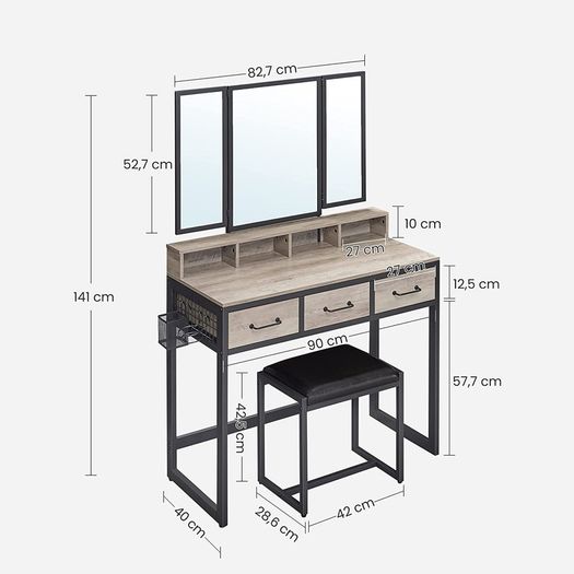 Dressing table, dressing table with 3-part folding mirror, hairdryer holder, cosmetic table with upholstered stool, 3 drawers, industrial design, greige black