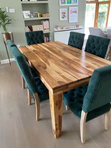 West Elm Solid wood Dining Table and velvet sprung chairs x 6