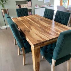 West Elm Solid wood Dining Table and velvet chairs x 6