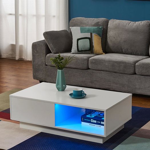 BRAND NEW Coffee Table Rectangle Living Room Storage With RGB LED + Large Drawer White Color