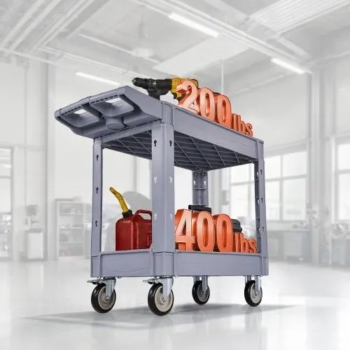 Utility Cart, 250 kg Capacity, 2 Tier Service Cart with 360 Swivel and Fixed Wheels (2 with Brakes), Heavy Duty Plastic Rolling with Storage Tray, Tool Storage for Garage Warehouse Workshop