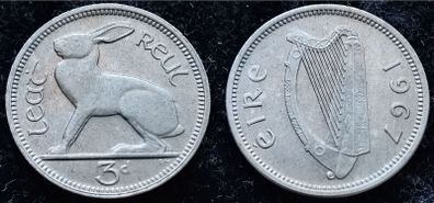 [#449] - Ireland 1967 | 3 Pence | Irish 3d | Hare | KM.12a | MS