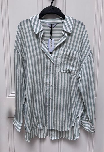 New Oversized shirt in sage and white vertical stripes - XS - suit sizes 6-14