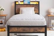 3ft Single Bed Frame with Charging Station and LED Lights, Wood Headboard with Storage Shelves