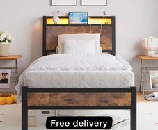3ft Single Bed Frame with Charging Station and LED Lights, Wood Headboard with Storage Shelves
