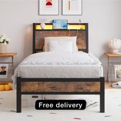 3ft Single Bed Frame with Charging Station and LED Lights, Wood Headboard with Storage Shelves