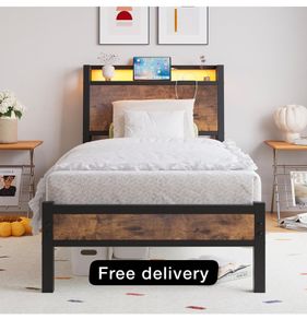 3ft Single Bed Frame with Charging Station and LED Lights, Wood Headboard with Storage Shelves