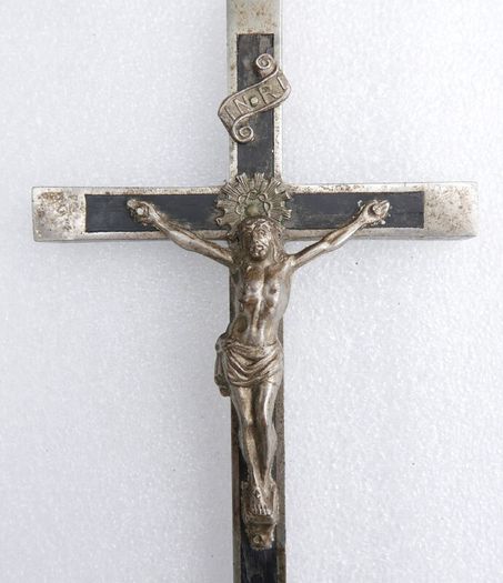 Antique Large Golgotha Crucifix Cross 6.5" Metal Ebony Wood German Skull Bones
