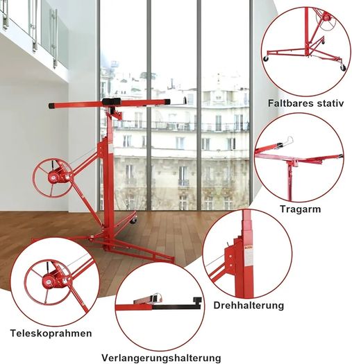 XXL Plate Lifter for Plasterboard Max. 290 cm Load Arm Width and 70 kg Load Capacity, 140-350 cm Working Height Adjustable
