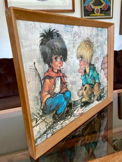 Vintage Teak Framed Certified Art print behind Glass Big Eye Art The Dropouts by Michael Thomas 1969