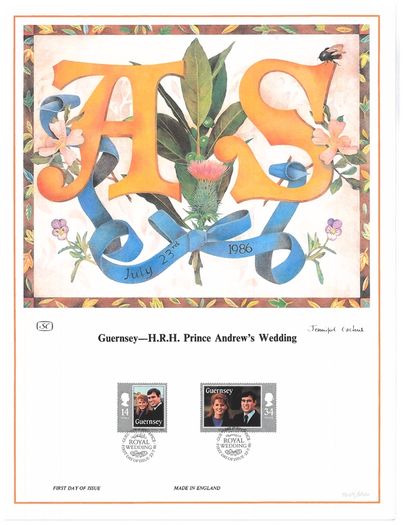 1986 Guernsey Limited Edition Lithographed Print measuring 333mm X 257showing Royal Wedding Prince Andrew & Sarah Ferguson Commemorative stamps First Day of Issue Cancel
