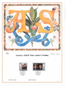 1986 Guernsey Limited Edition Lithographed Print measuring 333mm X 257showing Royal Wedding Prince Andrew & Sarah Ferguson Commemorative stamps First Day of Issue Cancel