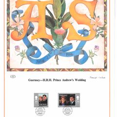 1986 Guernsey Limited Edition Lithographed Print measuring 333mm X 257showing Royal Wedding Prince Andrew & Sarah Ferguson Commemorative stamps First Day of Issue Cancel