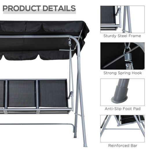 Metal Garden Swing Chair, 3-Seater Swing Seat, Patio Hammock Bench Canopy Lounger, Black
