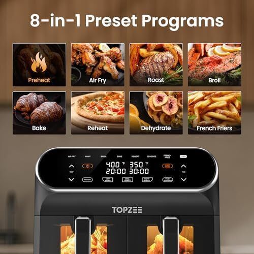 8L Large Air Fryer - Dual Basket Airfryer with Easy View Windows, Preheat, Air Fry, Roast, Broil, Bake, Dehydrate, 2 Independent 4 L Nonstick Dishwasher Safe Baskets, Black