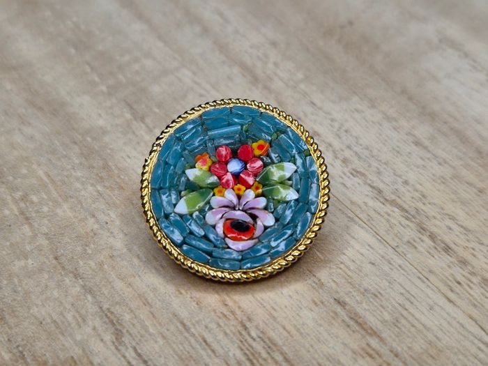 Vintage Italian Micro Mosaic Floral Brooch Gold Tone Round Stamped Italy
