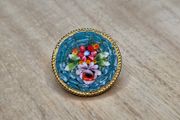 Vintage Italian Micro Mosaic Floral Brooch Gold Tone Round Stamped Italy