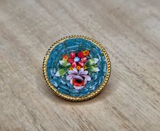Vintage Italian Micro Mosaic Floral Brooch Gold Tone Round Stamped Italy