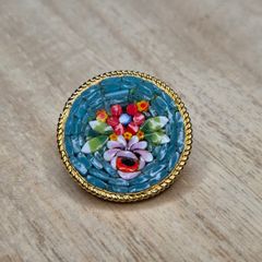 Vintage Italian Micro Mosaic Floral Brooch Gold Tone Round Stamped Italy