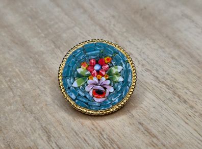 Vintage Italian Micro Mosaic Floral Brooch Gold Tone Round Stamped Italy