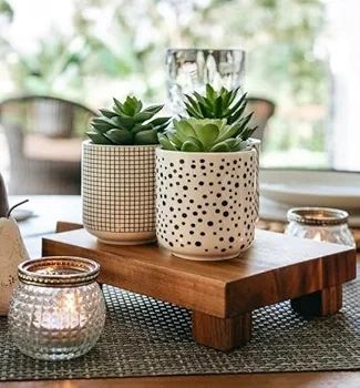 Farmhouse Set-of-3-artificial-succulents-in-pots | Black & White Ceramic pots with fake succulents | Faux Plants Indoor Artificial Succulent pots 4.75" high, 3" wide | Small Fake Plants
