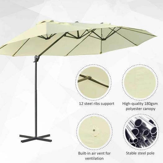 Double Parasol Patio Umbrella Garden Sun Shade w/ Steel Pole 12 Support Ribs Crank Handle Easy Lift Twin Canopy - Beige