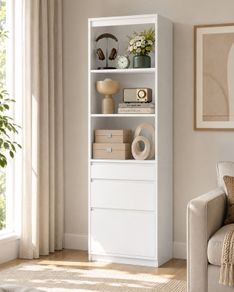 White Bookcase with Drawers Tall Storage Cabinet 180cm Display Shelf Unit