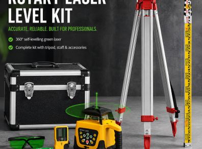 600m Rotary Green Laser Level Kit with Tripod, Detector & 5m Staff
