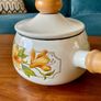 Vintage Enamel Lidded Saucepan Pot with Wooden Handle Autumnal Leaf Design Image 8