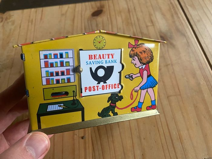 Vintage Beauty Saving Bank Post Office Tin Piggy