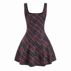 Square Neck Plaid Flared MIni Dress