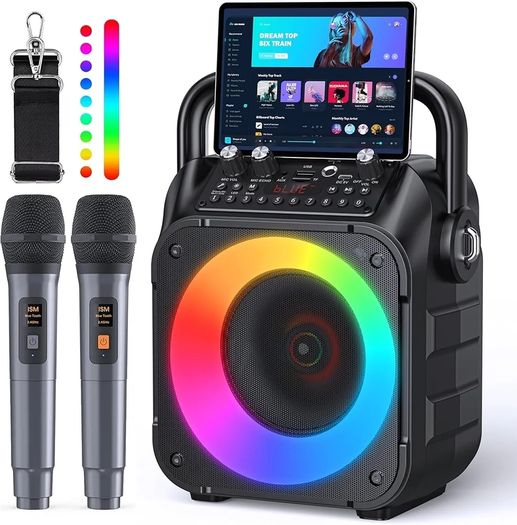 Karaoke Machine with Two Wireless Microphones, Portable Karaoke Machine for Adults & Kids, Portable Bluetooth Speaker with PA System, LED Lights, Supports TF Card/USB, AUX in, FM, USB,TWS (Black)