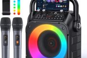 Karaoke Machine with Two Wireless Microphones, Portable Karaoke Machine for Adults &amp; Kids, Portable Bluetooth Speaker with PA System, LED Lights, Supports TF Card/USB, AUX in, FM, USB,TWS (Black)