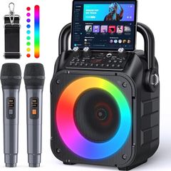 Karaoke Machine with Two Wireless Microphones, Portable Karaoke Machine for Adults & Kids, Portable Bluetooth Speaker with PA System, LED Lights, Supports TF Card/USB, AUX in, FM, USB,TWS (Black)