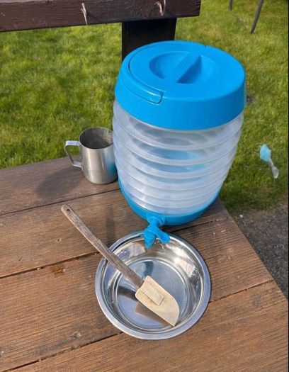 Hand made solid timber mud kitchen with stool with accessories