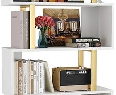 Geometric Bookcase, S Shaped Bookshelf 6-Tier Book Shelves for Bedroom, Modern Wood Decorative Display Shelf Tall Book Case for Home Office, Gold and White
