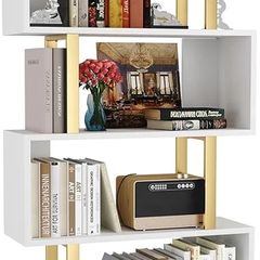 Geometric Bookcase, S Shaped Bookshelf 6-Tier Book Shelves for Bedroom, Modern Wood Decorative Display Shelf Tall Book Case for Home Office, Gold and White