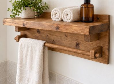 Handmade Rustic Bathroom Shelf with Towel Rail