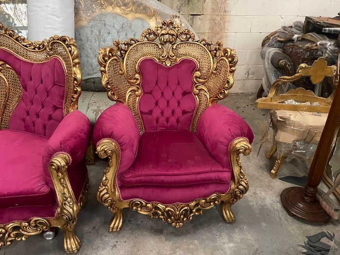 Old three piece salon set that has been recovered and the gilt gold has been redone