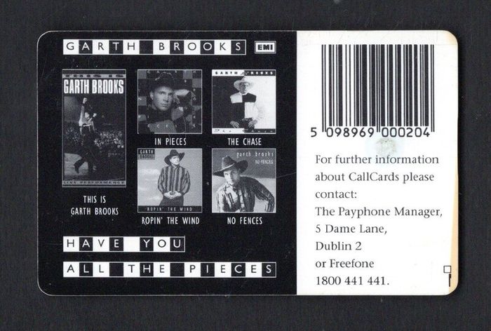 1994 Ireland 20 unit Garth Brooks (Gemplus GEM1) Callcard Used. Telecom Eireann card number 1060.