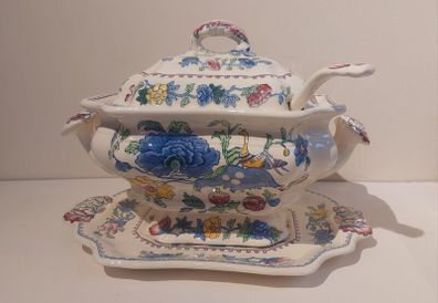 Fabulous Rare Vintage Masons Ironstone Large Lidded Soup Tureen Complete with Matching Underplate and Ladle in the Regency Pattern, Circa 1940 - Amazing to Have the Complete Set!