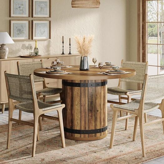 Round Dining Table, 100 cm Kitchen Table with Fence Wooden Base (Table Only)