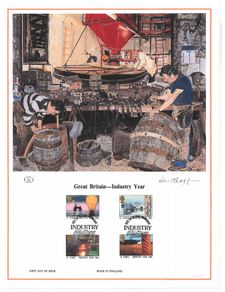 1986 Great Britain Limited Edition Lithographed Print measuring 333mm X 257mm showing Industry Year Commemorative stamps with First Day of Issue Cancel