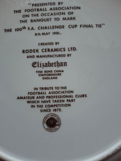 Soccer Fans A Rare !  Vintage Elizbethan Fine BONE China Plate 10.5 ins  100th  Football Final Manchester City  v Tottenham  Hotspur  9th May 1981 Commemorative Lpate Programmes lunches Banquet Details  TEAM winners over the years