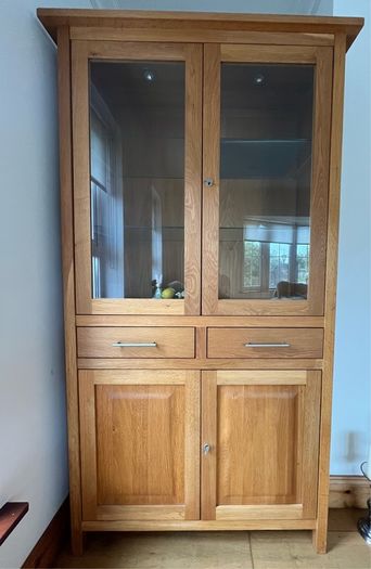 Solid light oak display cabinet with lights