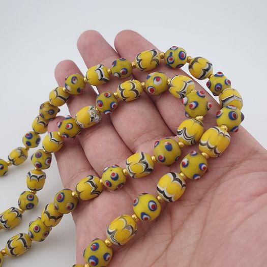 Antique Venetian Style Yellow Skunk & Trade Glass Beads Necklace