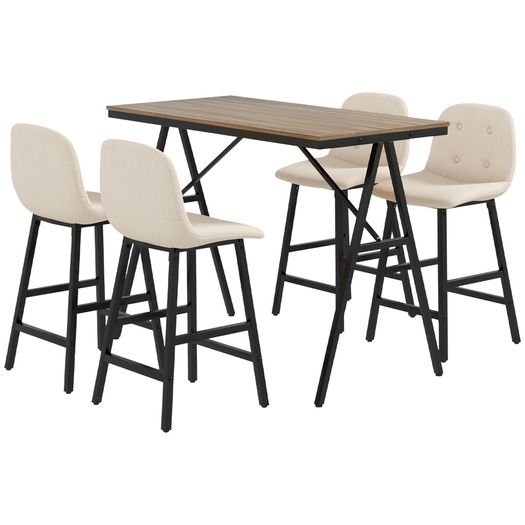 Bar set 5-piece, table and 4 chairs, button tufting, thick padding, linen-look, Beige